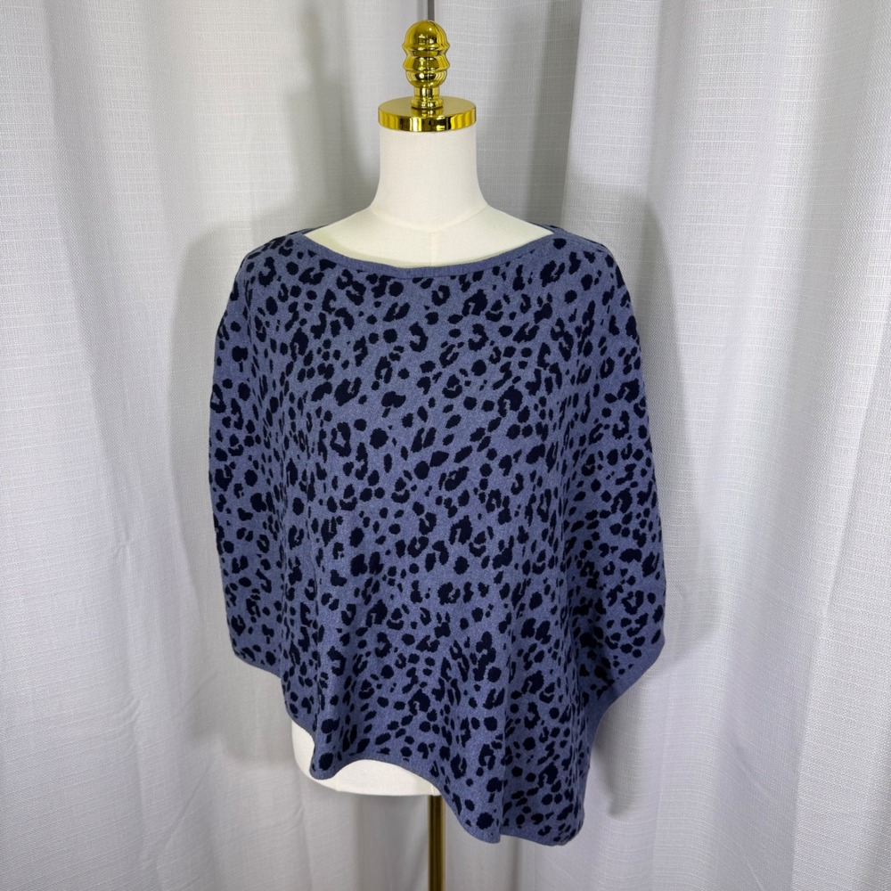 Talbots Blue Leopard Print Knit Poncho Asymmetrical Cotton Modal Wrap M/L‎